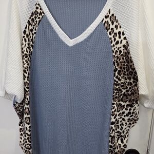 Watermelon Large Waffle Knit V-Neck  Colorblock Sweater - Blue/White Leopard